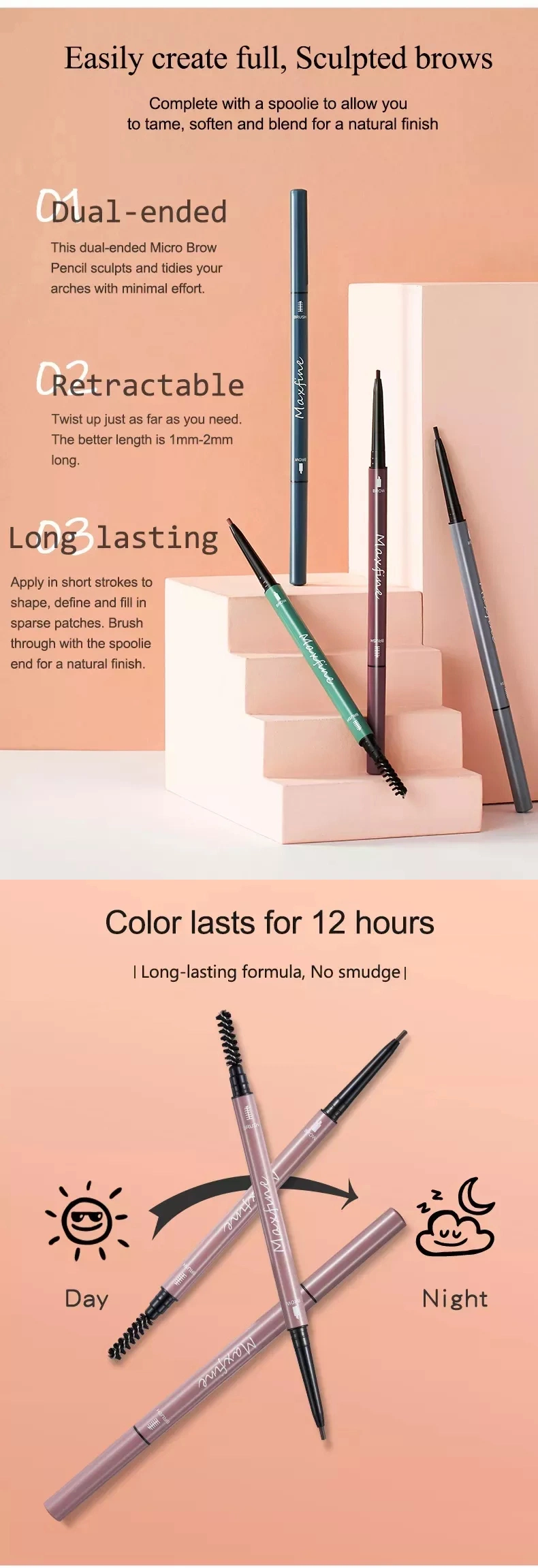 Custom Dual-Ended Eye Brow Natural Smudge-Proof Long Lasting Waterproof Automatic Eyebrow Pencil with Brush